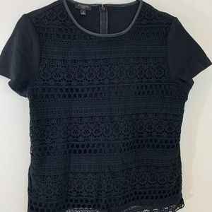 Talbots top, black lace, faux leather neckline